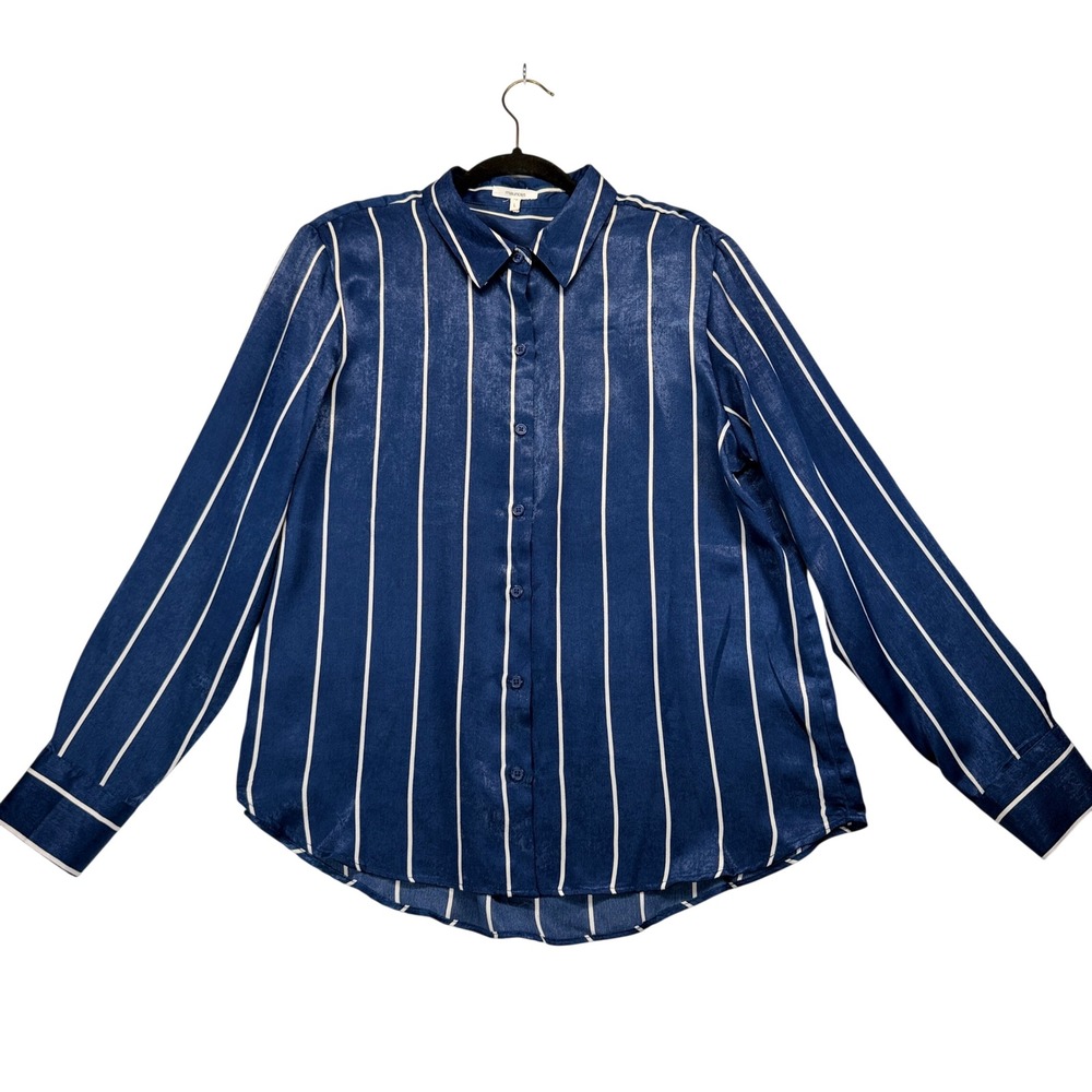 Maurices Striped Button Down Shirt Womens Large Blue White Satin Long Sleeve Top